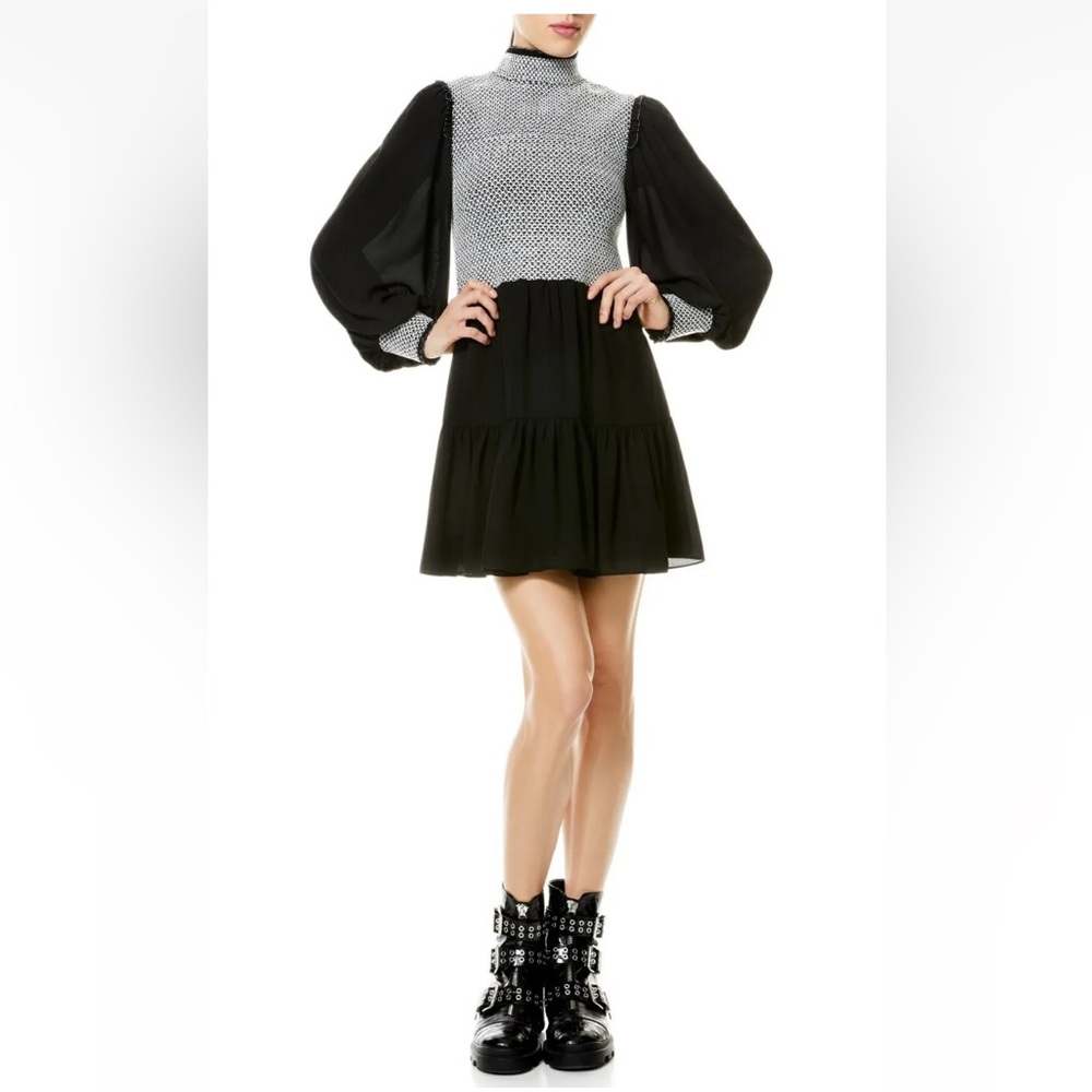 ELVIRA SMOCKED MOCK NECK MINI DRESS Black/White | Alice and Olivia Dress…